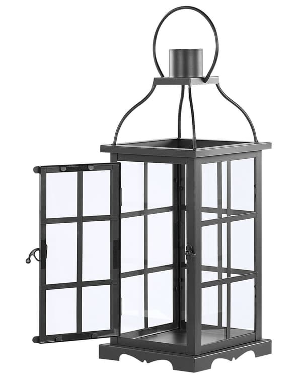 Metalllykta Svart järn 42 cm Pelarljusstake Glasdörrar Dekorativ inomhuslykta
