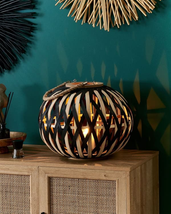 Ljuslykta Natur Svart Bambuträ med Glashållare Boho Stil Inomhus