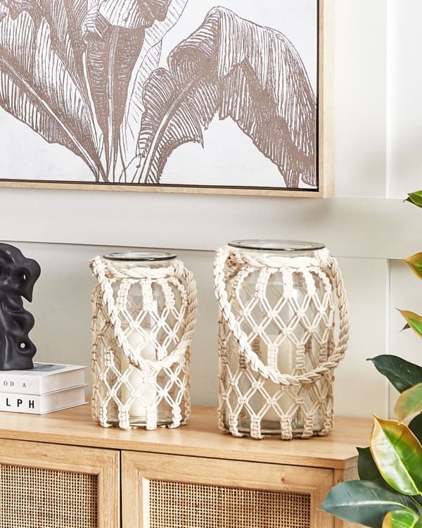 Lykta Off-White Glas 32 cm Makrame Rep Handtag Burkform Boho