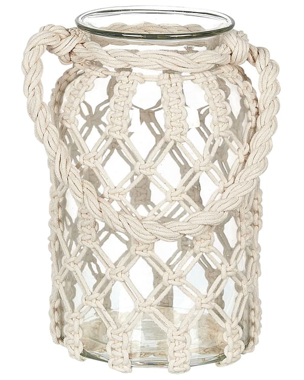 Lykta Off-White Glas 32 cm Makrame Rep Handtag Burkform Boho