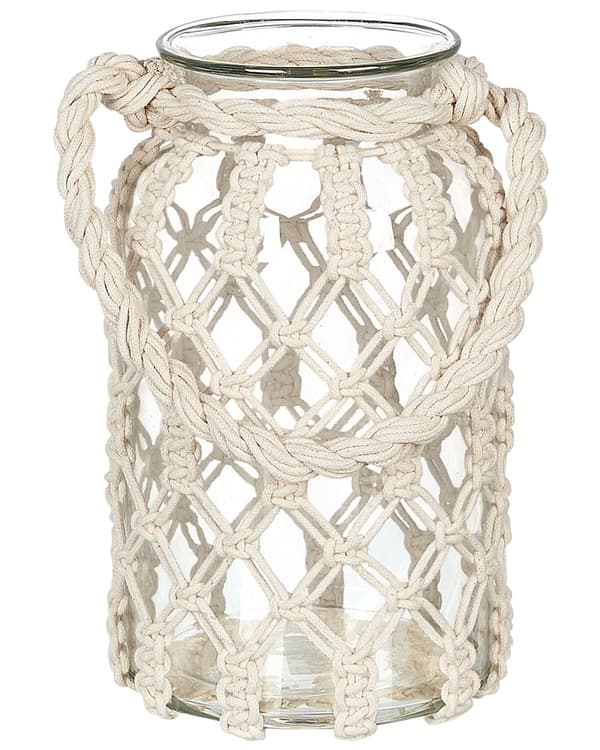 Lykta Off-White Glas 28 x 18 cm Makrame Rep Handtag Burkform Boho