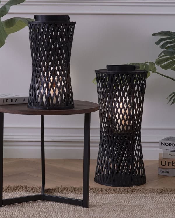 Ljuslykta Svart Bambu Trä 38 cm med Glas Ljushållare Boho Style Inomhus