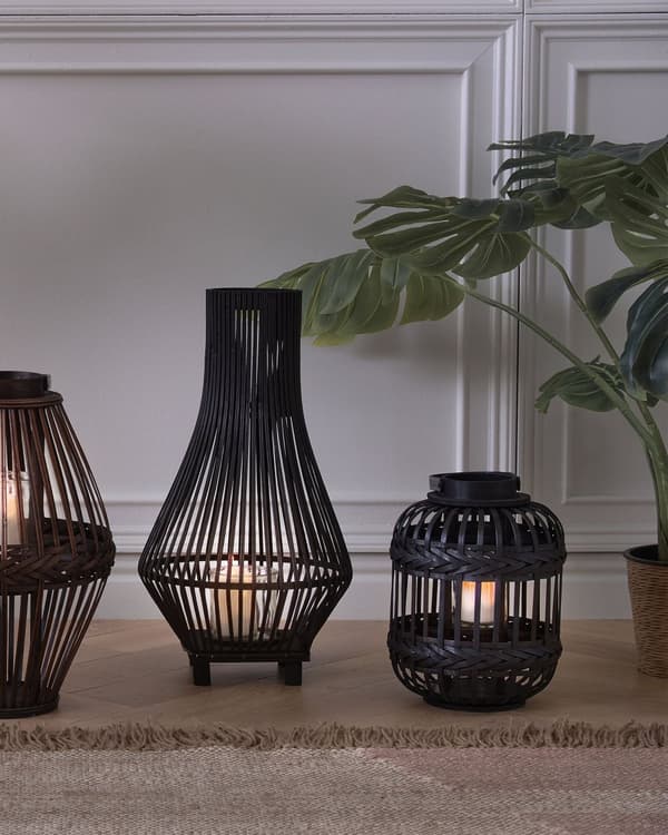 Ljuslykta Svart Bambu Trä 30 cm med Ljushållare Glas Boho Stil Inomhus