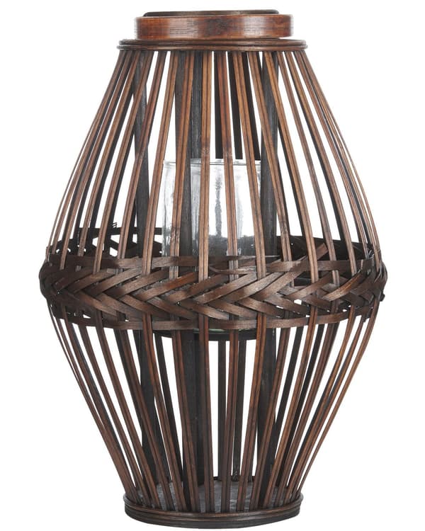 Ljuslykta Mörkt Trä Bambu Trä 43 cm med Glas Ljushållare Boho Stil Inomhus
