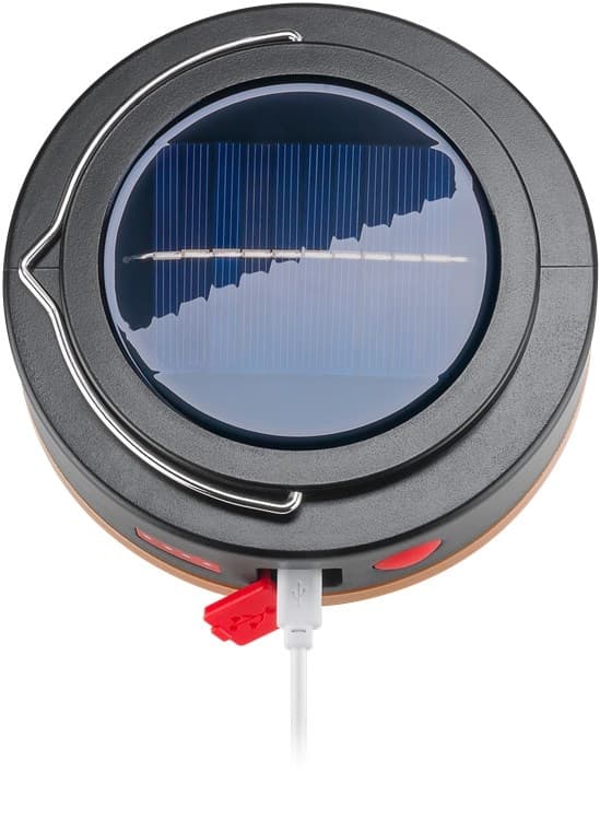 Goobay LED solcelle campinglampe med IR-fjernkontroll med 6 lysmoduser, solcellepanel, Li-ion-batteri 18650 (3,7 V, 2000 mAh), powerbank-funksjon og U
