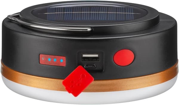 Goobay LED solcelle campinglampe med IR-fjernkontroll med 6 lysmoduser, solcellepanel, Li-ion-batteri 18650 (3,7 V, 2000 mAh), powerbank-funksjon og U