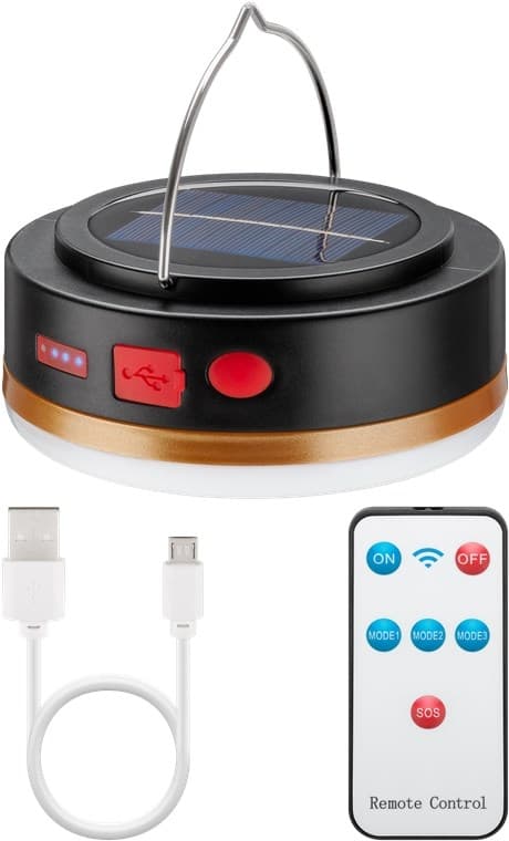 Goobay LED solcelle campinglampe med IR-fjernkontroll med 6 lysmoduser, solcellepanel, Li-ion-batteri 18650 (3,7 V, 2000 mAh), powerbank-funksjon og U