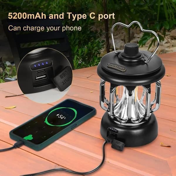 LED campinglampa USB uppladdningsbar vintage dimbar varmt och vitt ljus 5200mAh Power Bank, svart[Energiklass A+++]