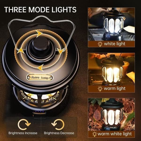 LED campinglampa USB uppladdningsbar vintage dimbar varmt och vitt ljus 5200mAh Power Bank, svart[Energiklass A+++]
