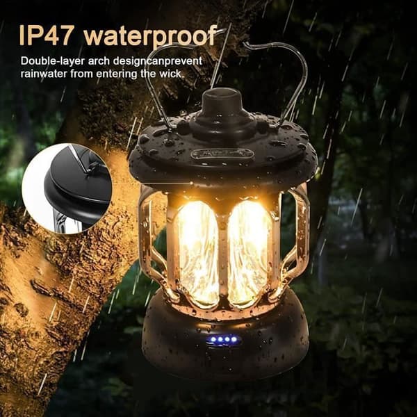 LED campinglampa USB uppladdningsbar vintage dimbar varmt och vitt ljus 5200mAh Power Bank, svart[Energiklass A+++]