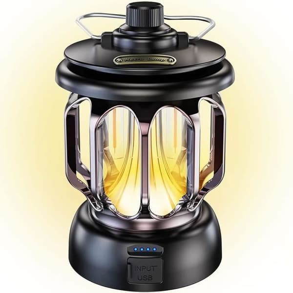 LED campinglampa USB uppladdningsbar vintage dimbar varmt och vitt ljus 5200mAh Power Bank, svart[Energiklass A+++]