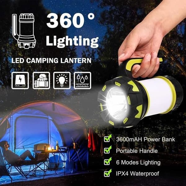 Uppladdningsbar LED-lykta, USB Uppladdningsbar LED-lampa för campinglykta Ficklampa 360° belysning 6 lägen, IP65 vattentät bärbar hängande