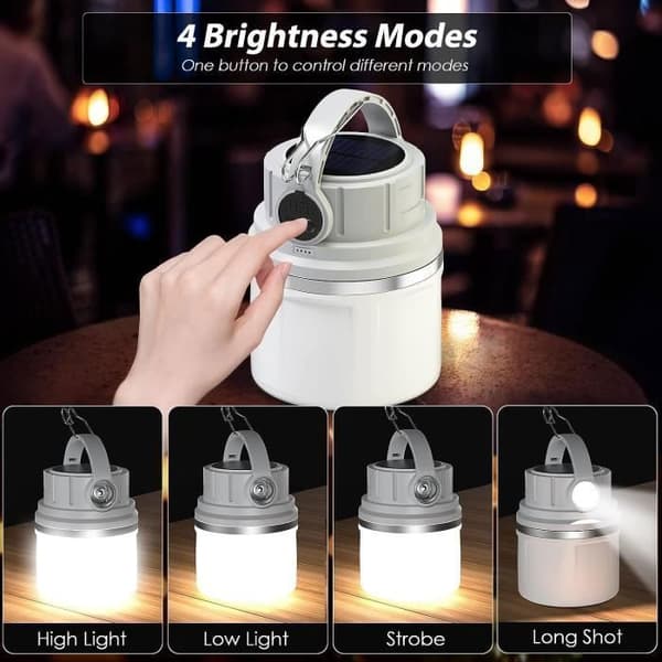 LED-campinglykta, USB-uppladdningsbar solcellscampinglampa, 4 ljusstyrkalägen, bärbar vattentät campinglampa, grå