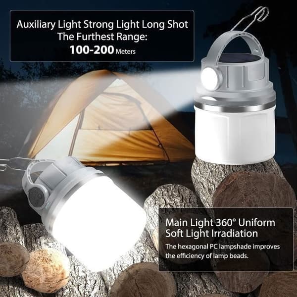 LED-campinglykta, USB-uppladdningsbar solcellscampinglampa, 4 ljusstyrkalägen, bärbar vattentät campinglampa, grå