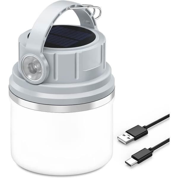 LED-campinglykta, USB-uppladdningsbar solcellscampinglampa, 4 ljusstyrkalägen, bärbar vattentät campinglampa, grå