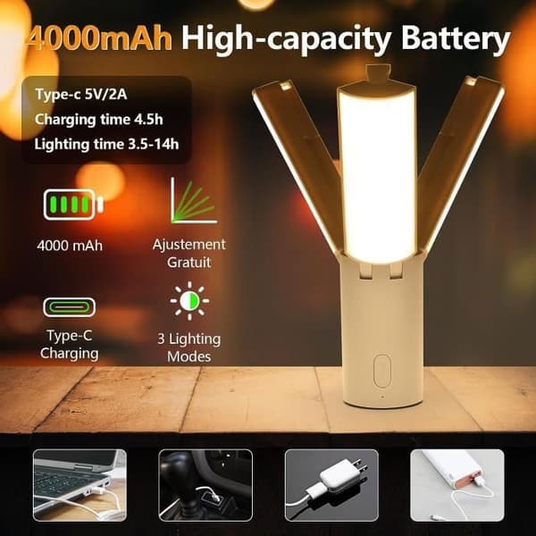 Campinglampa, 4000mAh uppladdningsbar campinglampa Vikbar campinglykta Campinglampa med 3 ljusstyrkalägen, ljusgrå