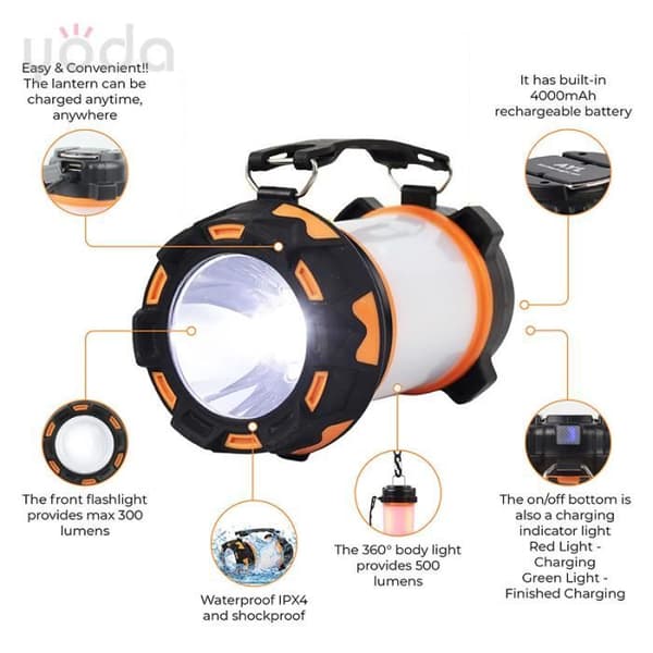 Uppladdningsbar LED-lykta, 1000 Lumen 4000mAh 360° Campinglampa, Uppladdningsbar LED-lampa Bärbar Spotlight, 6 lägen, IPX4 vattentät