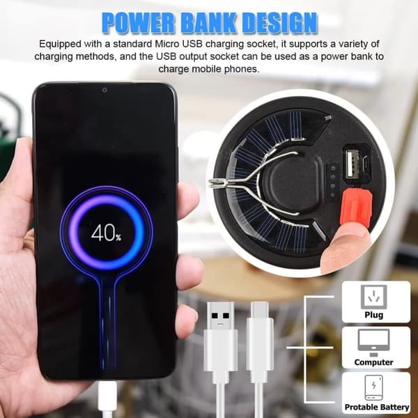 3600mAh LED Solar Camping Light Lykta USB Uppladdningsbar, 6 lägen SOS Vattentät Bärbar IP67 Vattentät Camping Lamp Tält Light