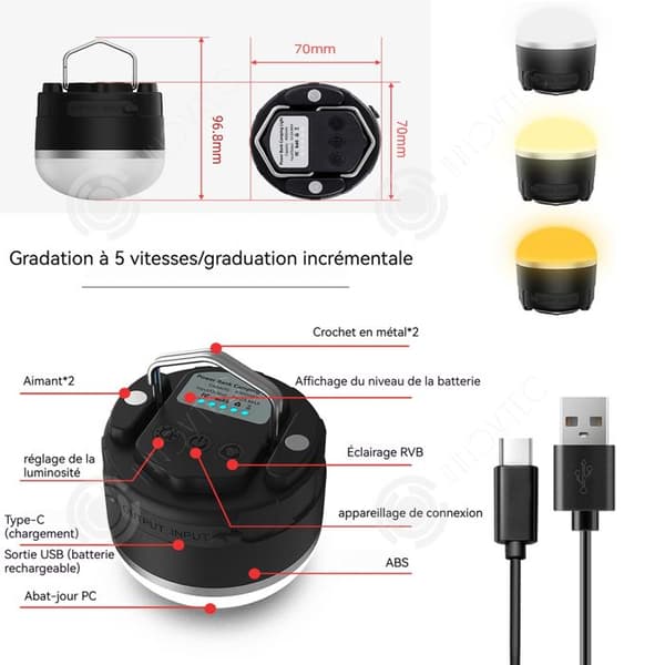 INN mini campinglampa Kan hängas uppladdningsbar Bärbar 5 justerbara nivåer Campinglykta Kan ladda enheter