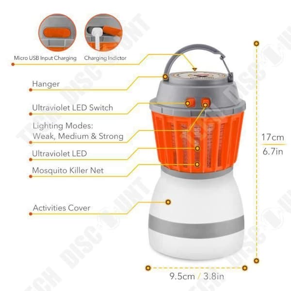 TD® Myggmedelslampa - Multifunktionscampinglykta - LED Torch Vandring UV-lampa Vattentät IP67 USB Uppladdningsbar med kabel