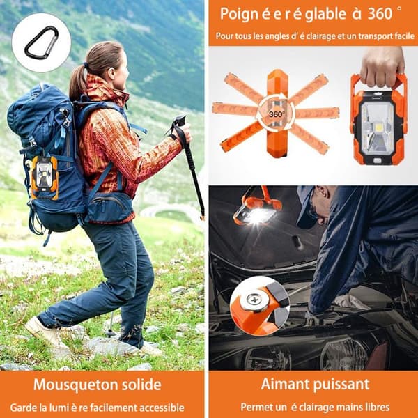 TD® uppladdningsbar arbetsstrålkastare, bärbar LED-campinglampa med solpanel, 4 ljusstyrkalägen, 360° roterbar