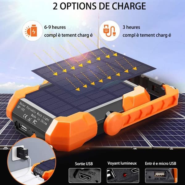 TD® uppladdningsbar arbetsstrålkastare, bärbar LED-campinglampa med solpanel, 4 ljusstyrkalägen, 360° roterbar