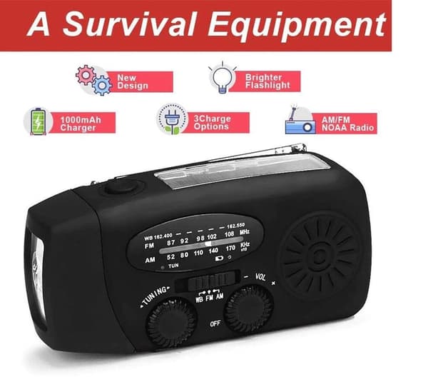 Kampiradio aurinkokennoilla, taskulampulla ja 2000 mAh Powerbank SOS