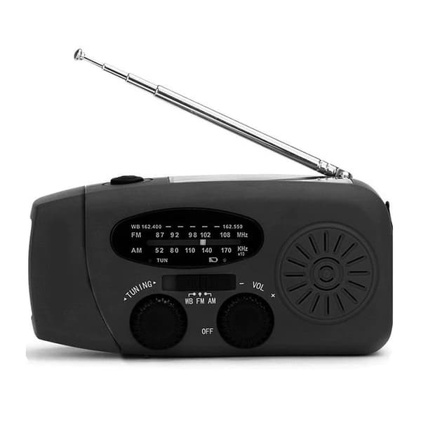 Kampiradio aurinkokennoilla, taskulampulla ja 2000 mAh Powerbank SOS