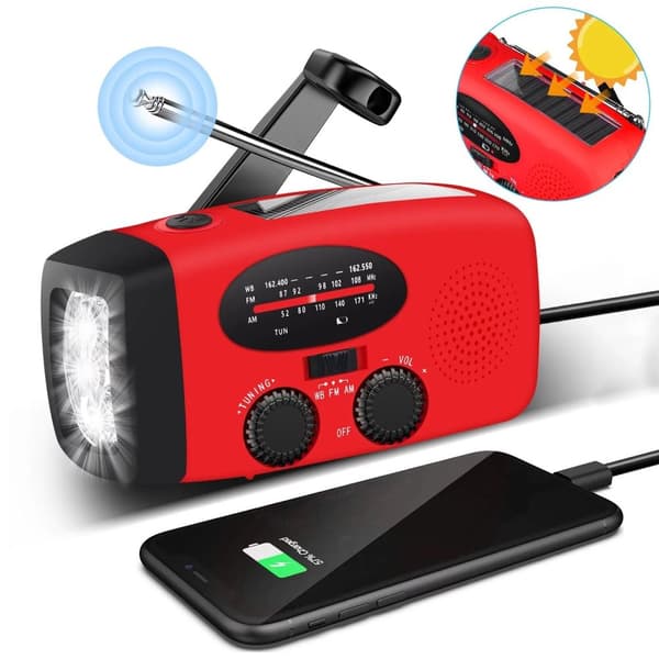 Kampiradio aurinkokennoilla, taskulampulla ja 2000 mAh Powerbank SOS