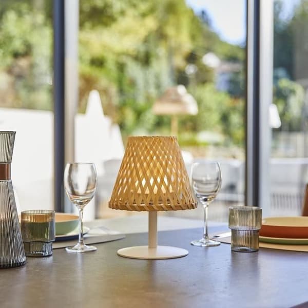 Johdoton pöytävalaisin - LUMISKY - IBIZA - K26 cm - Luonnonvärinen bambu - Lämmin valkoinen ja valkoinen LED