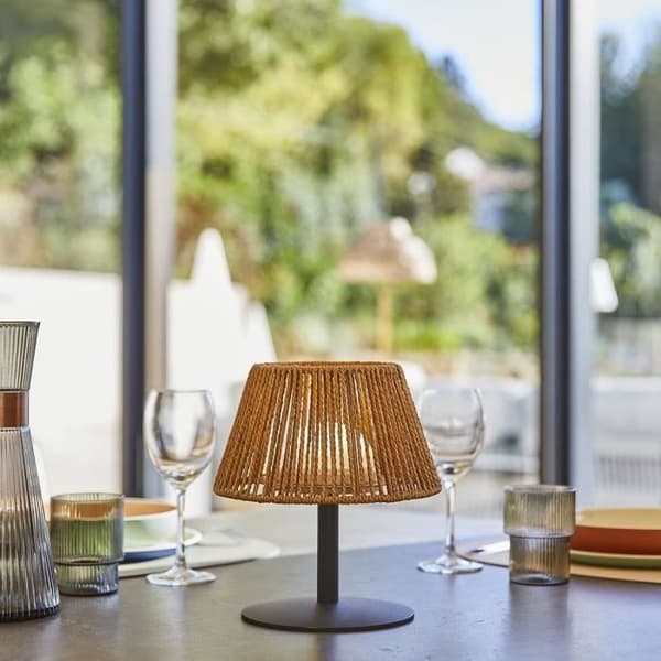 Sladdlös bordslampa - LUMISKY - STANDY MINI RAFFY - H22 cm - Naturlig raffia - Varmvit och vit LED