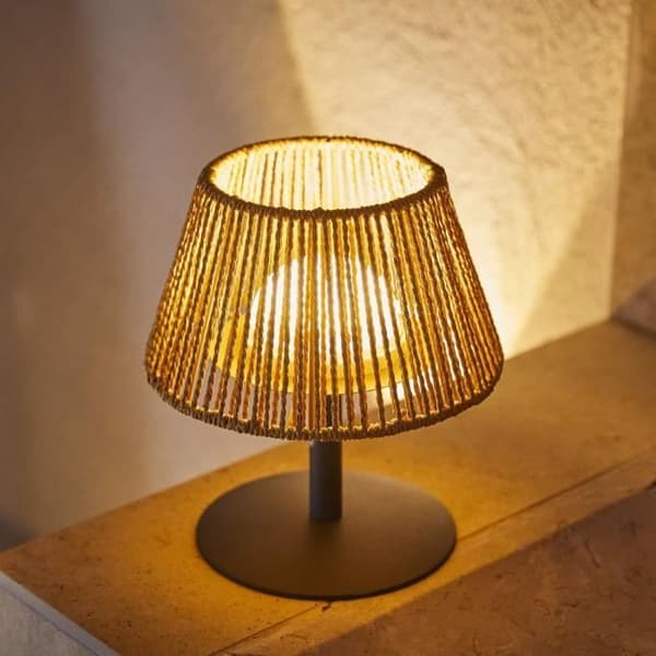 Sladdlös bordslampa - LUMISKY - STANDY MINI RAFFY - H22 cm - Naturlig raffia - Varmvit och vit LED