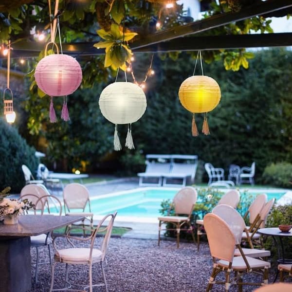 Set med 3 solcellslyktor - LUMISKY - SHANGRI LA - H20 cm - Rosa, creme och orange - Varmvit LED