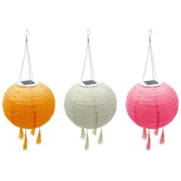 Set med 3 solcellslyktor - LUMISKY - SHANGRI LA - H20 cm - Rosa, creme och orange - Varmvit LED