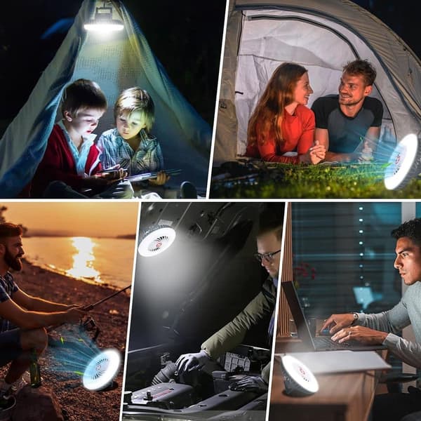 Moorle campinglampe med ventilator og LED-lys – 2-i-1 bærbar bordventilator til camping, udendørs og natbrug