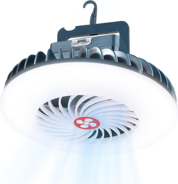 Moorle campinglampe med ventilator og LED-lys – 2-i-1 bærbar bordventilator til camping, udendørs og natbrug