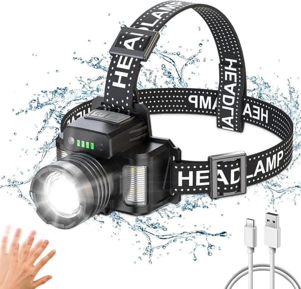 Moorle Uppladdningsbar LED pannlampa – 18000 lumen, zoombar med rörelsesensor, perfekt för camping & arbete