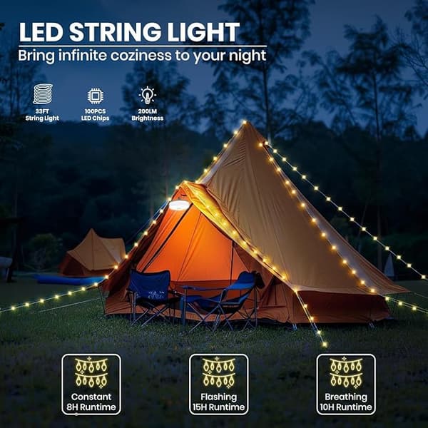 2-i-1 bærbar vandtæt udendørs lysstreng – 10m USB genopladeligt campinglys med 4 lyseffekter og 3 lystilstande