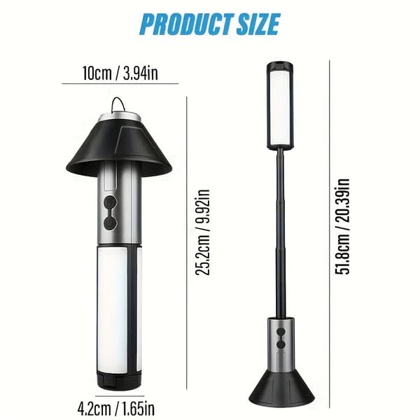 Telescopisk Camping Lommelygte, 3000mAh Batteri, Type-C Opladning, 270° Justerbar Vinkel,grå 1pcs