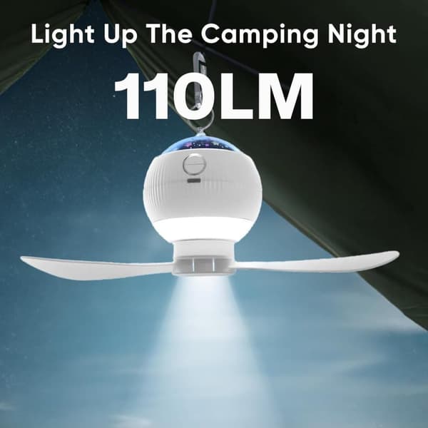 Lollanda Campinglampa Lykta / Tältlampa - Lampa för campingen, Portabel tältfläkt med stjärnprojektor – 3600mAh - Vit