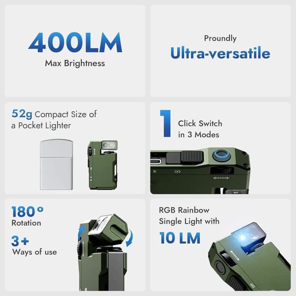 OBOSOE G5 EDC lommelygte 400 lumen, genopladelig, 3 hastigheder, kompakt til udendørs brug