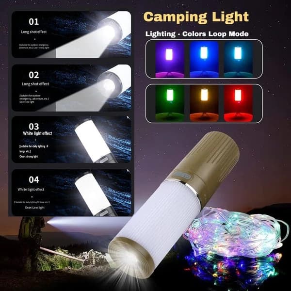 OBOSOE Campinglampe Lanterne / Teltlampe - Lampe til campingpladsen - 4-i-1 RGB Udendørs Lampe med 9 LED-lystilstande, Genopladelig Campinglampe