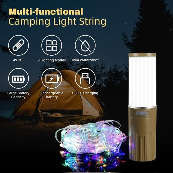 OBOSOE Campinglampe Lanterne / Teltlampe - Lampe til campingpladsen - 4-i-1 RGB Udendørs Lampe med 9 LED-lystilstande, Genopladelig Campinglampe