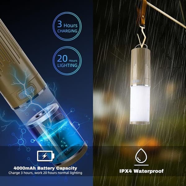 OBOSOE Campinglampe Lanterne / Teltlampe - Lampe til campingpladsen - 4-i-1 RGB Udendørs Lampe med 9 LED-lystilstande, Genopladelig Campinglampe