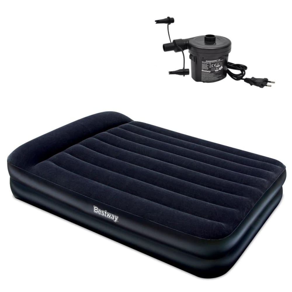 Bestway oppustelig luftmadras velour med luftpumpe 203 x 157 x 47 cm