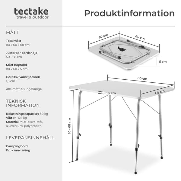 Campingbord höjdjusterbart 80x60x68 cm - grå