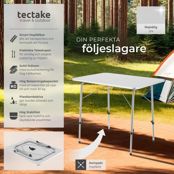 Campingbord höjdjusterbart 80x60x68 cm - grå