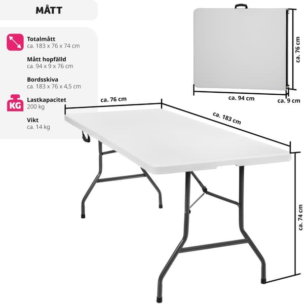 Camping fällbord 183x76x74cm - vit