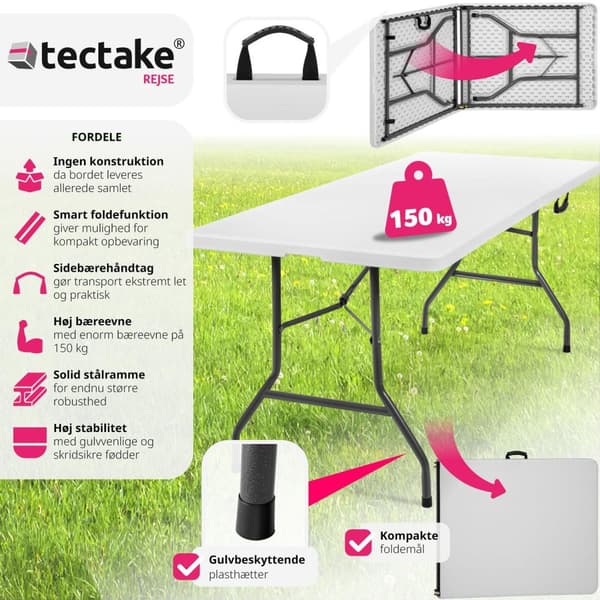 Campingbord foldbar hvid 183x76x74cm - hvid