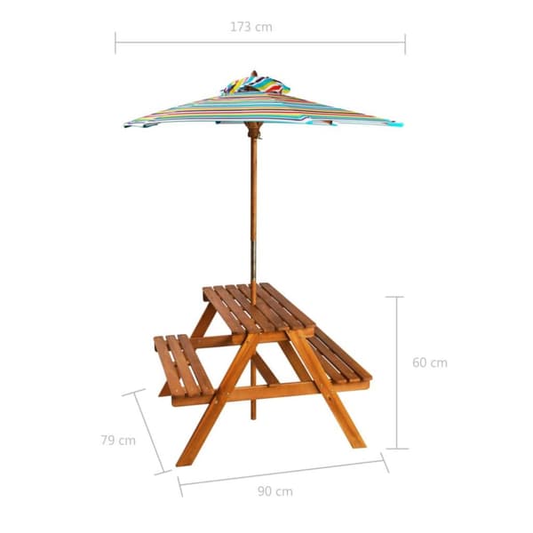 vidaXL Lasten piknikpöytä aurinkovarjolla 79x90x60 cm täysi akaasiapuu